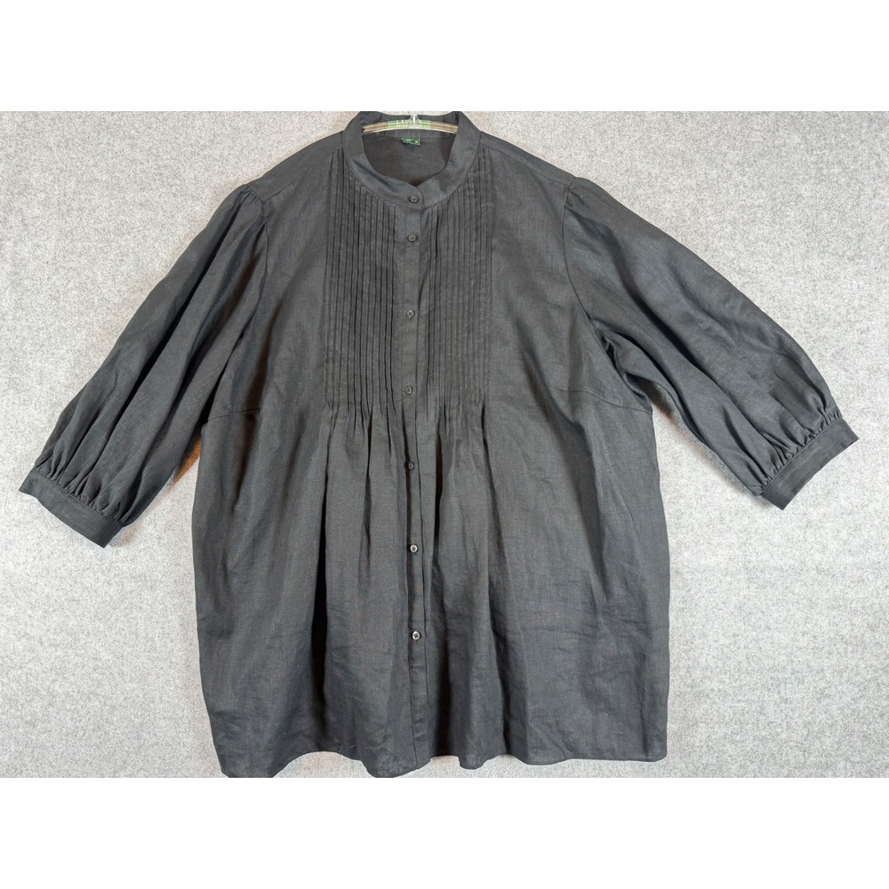 Lauren Ralph Lauren Linen Tunic Womens 3X Black Excellent Pleated Bib Blouse